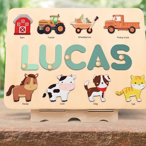 Farm animal name puzzle with pegs, Wooden toy, Barnyard animal, 1st Birthday Gift,Baby shower gift,1st christmast gift,baby shower gift image 1