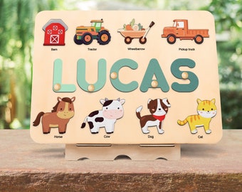 Farm animal name puzzle with pegs, Wooden toy, Barnyard animal, 1st Birthday Gift,Baby shower gift,1st christmast gift,baby shower gift