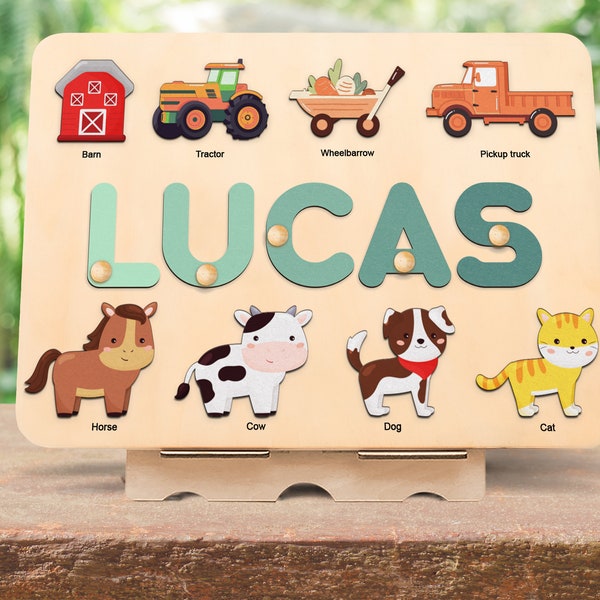 Farm animal name puzzle with pegs, Wooden toy, Barnyard animal, 1st Birthday Gift,Baby shower gift,1st christmast gift,baby shower gift