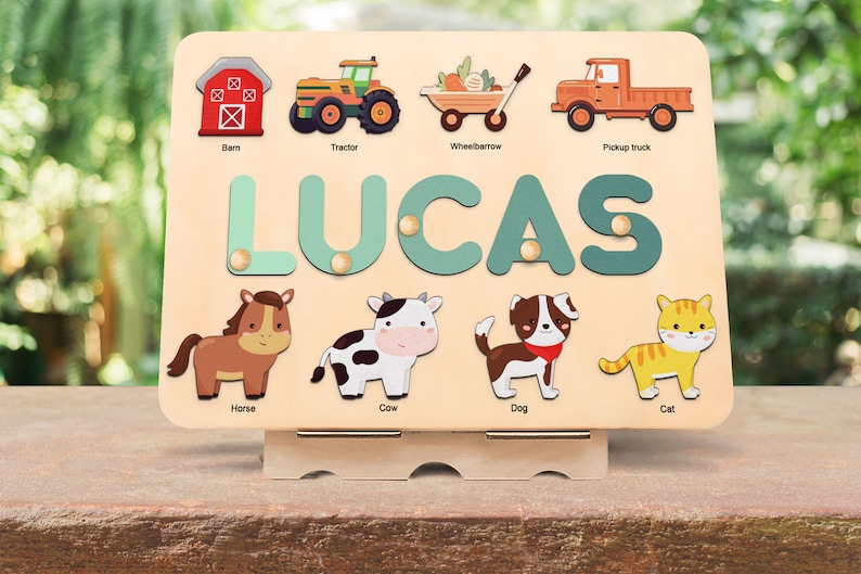 Farm animal name puzzle with pegs, Wooden toy, Barnyard animal, 1st Birthday Gift,Baby shower gift,1st christmast gift,baby shower gift image 1