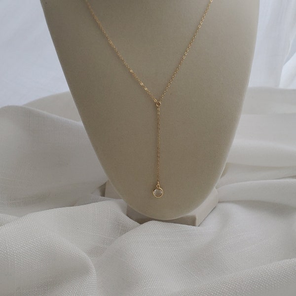 14 Gold Filled Lariat Drop Charm Necklace, Clear Crystal Charm, Gift for Her