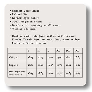 May include: Size chart for a t-shirt with measurements in inches for width, length, and sleeve length from center back. Sizes include S, M, L, XL, 2XL, and 3XL.