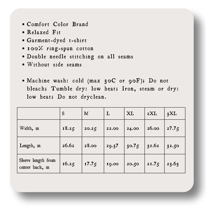 May include: Size chart for a t-shirt with measurements in inches for width, length, and sleeve length from center back. Sizes include S, M, L, XL, 2XL, and 3XL.