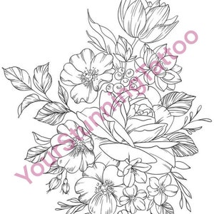 Floral tattoo, botanical tattoo, tattoo design, floral sketch, instant download, original print, tattoo art, tattoo stencil, digital print