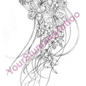 Floral tattoo, botanical tattoo, tattoo design, floral sketch, instant download, original print, tattoo art, tattoo stencil, digital print
