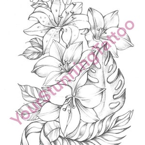 Floral tattoo, botanical tattoo, tattoo design, floral sketch, instant download, original print, tattoo art, tattoo stencil, digital print