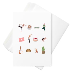 Ooflessshop - yogi, yoga poses, coffee, cake, dog, plant - Blank Greeting card