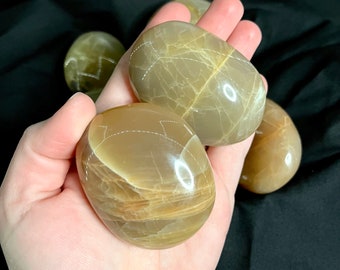 May include: A collection of four smooth, light brown, polished selenite stones. The stones have a translucent, milky appearance with visible striations.