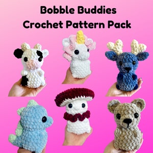 Paquete de patrones Bobble Buddies: patrones de ganchillo de hongos, dinosaurios, unicornios, vacas, ciervos y osos