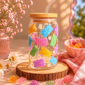 Gummy Bear Glass Can Cup | 16oz Libbey Glass | Cute Pastel Coffee Cup | Kawaii Drinkware | Iced Coffee Glass | Bamboo Lid & Straw | Gift For image 1
