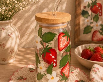 Strawberry Glass Cup | 16oz Libbey Glass | Cottagecore Strawberry Cup | Floral Strawberry Drinkware | Iced Coffee Glass | Bamboo Lid | Gift