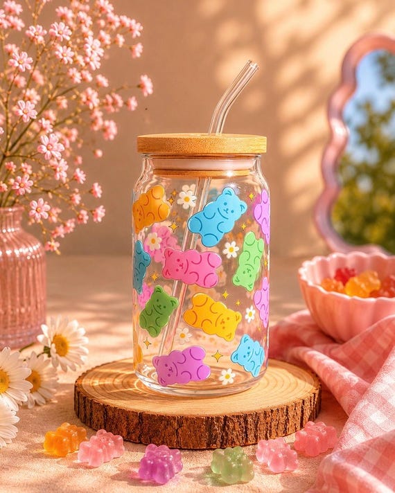 Gummy Bear Glass Can Cup | 16oz Libbey Glass | Cute Pastel Coffee Cup | Kawaii Drinkware | Iced Coffee Glass | Bamboo Lid & Straw | Gift For