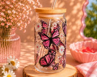Pink Butterfly Glass Cup | 16oz Libbey Glass | Butterfly Coffee Cup | Coquette Drinkware | Daisy Floral Glass | Bamboo Lid | Gift For Her