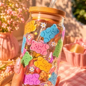 Gummy Bear Glass Can Cup | 16oz Libbey Glass | Cute Pastel Coffee Cup | Kawaii Drinkware | Iced Coffee Glass | Bamboo Lid & Straw | Gift For image 2