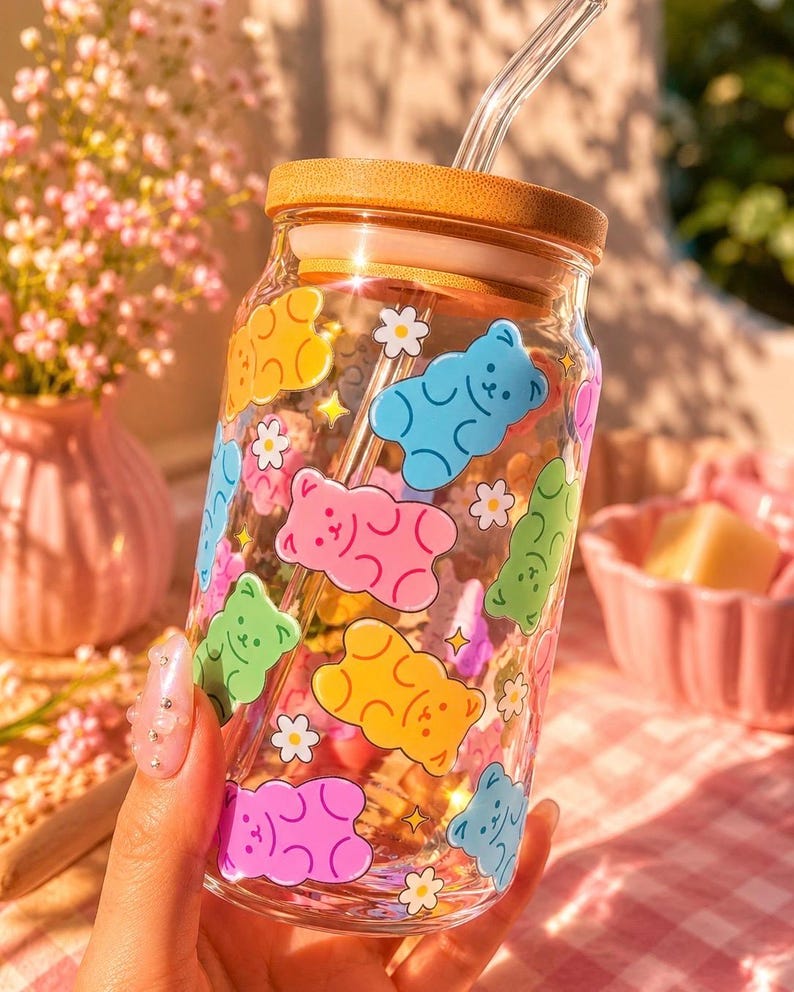 Gummy Bear Glass Can Cup | 16oz Libbey Glass | Cute Pastel Coffee Cup | Kawaii Drinkware | Iced Coffee Glass | Bamboo Lid & Straw | Gift For image 2