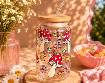 Retro Mushroom Glass Cup | 16oz Libbey Glass | Cottagecore Coffee Cup | Groovy Mushroom Tumbler | Smiley Face Drinkware | Bamboo Lid | Gift