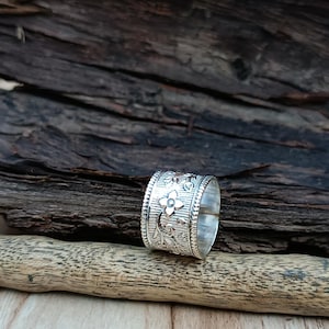 Handmade Sterling Silver Wide Band Ring: Floral Artisan Design
