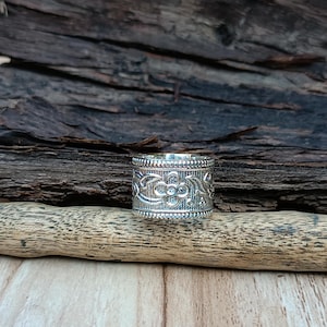 Handmade Sterling Silver Wide Band Ring: Floral Design