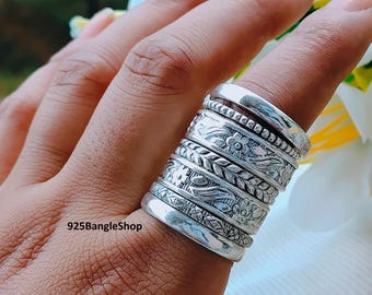 Oxidized Sterling Silver Wide Band Ring Set: Boho Stacking Rings