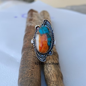 Handmade Oyster Copper Turquoise Ring: 925 Sterling Silver Boho Ring