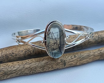 Black Rutile Gemstone Bangle: 925 Sterling Silver Designer Jewelry