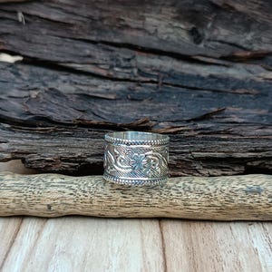 Handmade Sterling Silver Wide Band Ring: Floral Design