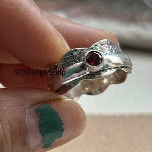 Handmade Garnet Spinner Ring: Sterling Silver Boho Band