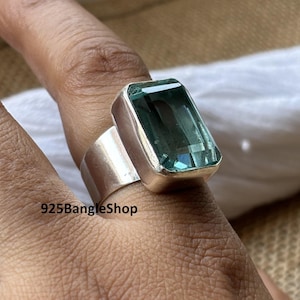 Handmade Aquamarine 925 Sterling Silver Ring - Wide Band Boho Design