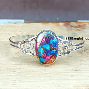 Pink Copper Turquoise Bangle: Handmade 925 Sterling Silver Adjustable Boho Bangle