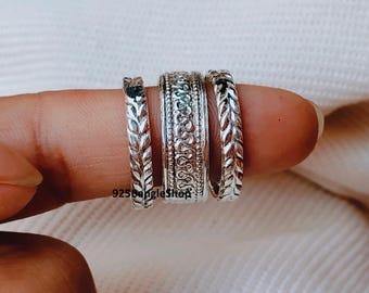 925 Sterling Silver Stackable Ring Set: Boho Silver Band Rings