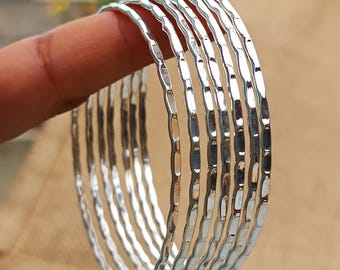 Handmade Hammered Sterling Silver Bangle Set - 7 Piece