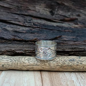 Handmade Sterling Silver Wide Band Ring: Floral Design