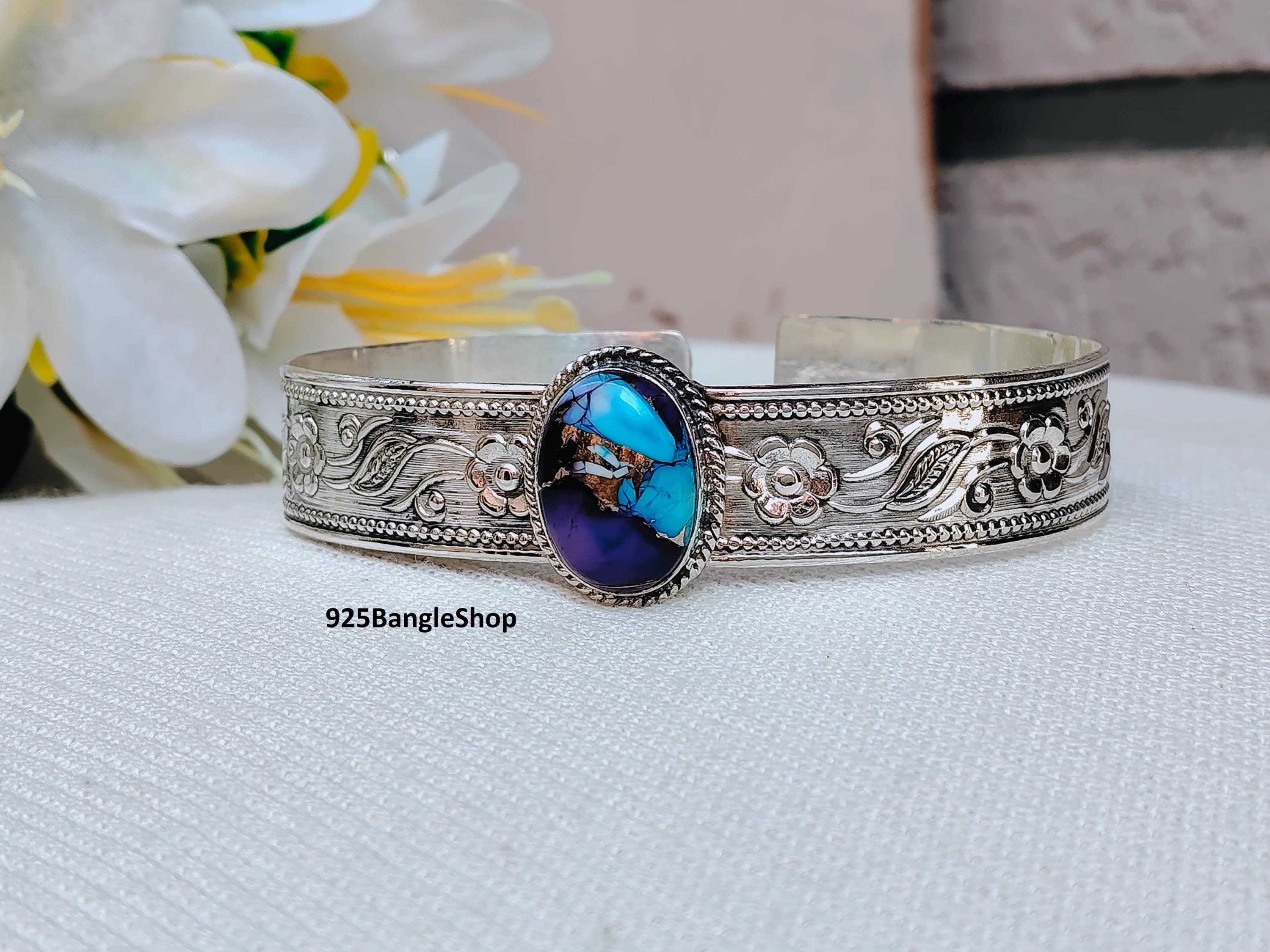 Handmade 925 Silver Bangle: Kingman Turquoise, Purple Dahlia