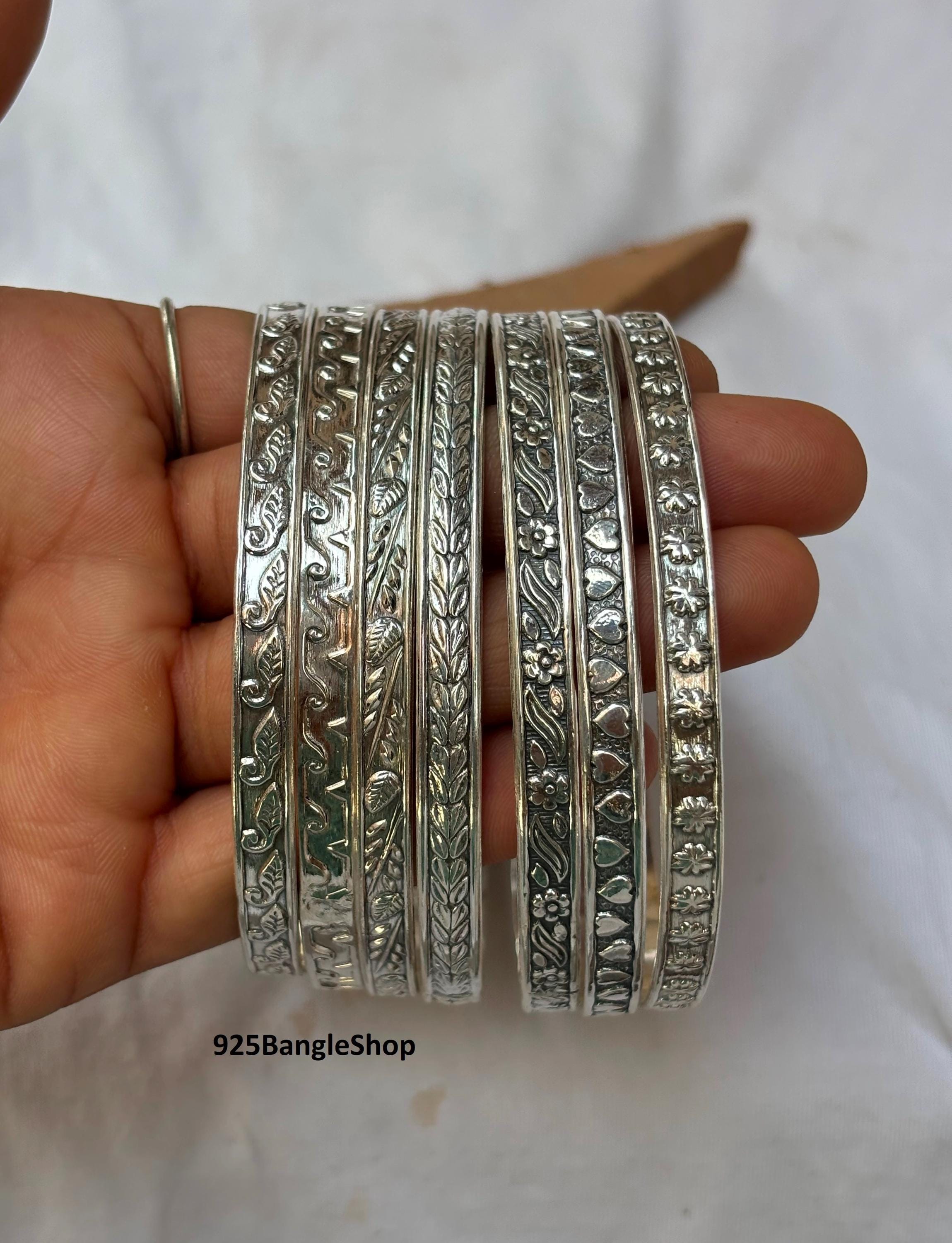Handmade Hammered Sterling Silver Bangle Set - 7 Days Stacking