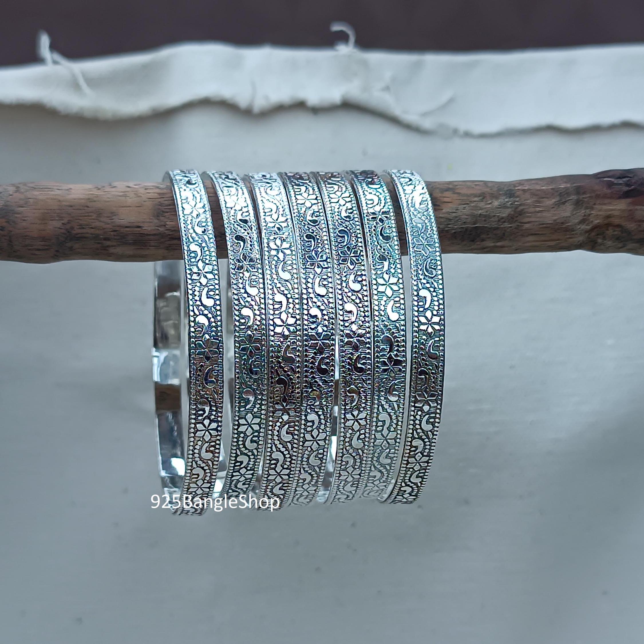 Set of 7 Sterling Silver Bangles: Floral Indian Jewelry - Etsy