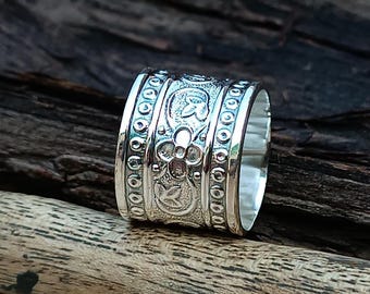 Handmade Sterling Silver Wide Band Ring: Floral Statement Ring