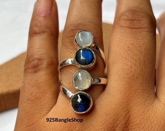 Moonstone and Labradorite Ring: Handmade 925 Sterling Silver Bohemian Ring