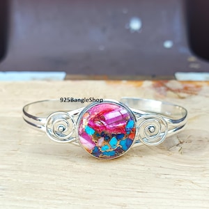 Handmade Sterling Silver Bangle: Pink Oyster Copper Turquoise Gemstone