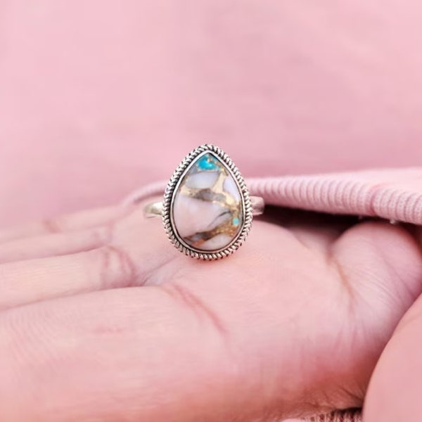 Oyster Turquoise Ring, Oyster Copper Turquoise Ring, Opal Turquoise Ring, Teardrop Turquoise Ring, Spiny Turquoise Ring, Mother's Day Gift