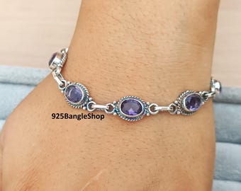 Amethyst Gemstone Bracelet: Handmade 925 Sterling Silver, Adjustable