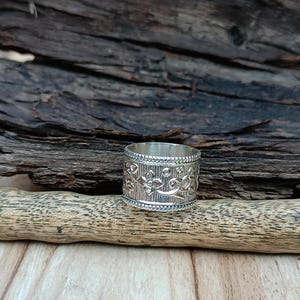 Handmade Sterling Silver Wide Band Ring: Floral Boho Design