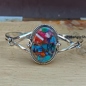 Handmade Pink Oyster Turquoise 925 Sterling Silver Bangle