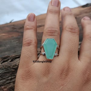 Aqua Chalcedony Coffin Ring: Sterling Silver 925 Handmade Jewelry