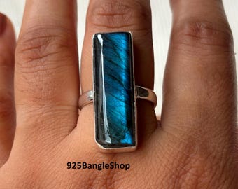 Handmade Labradorite Sterling Silver Ring: Long Boho Statement Ring