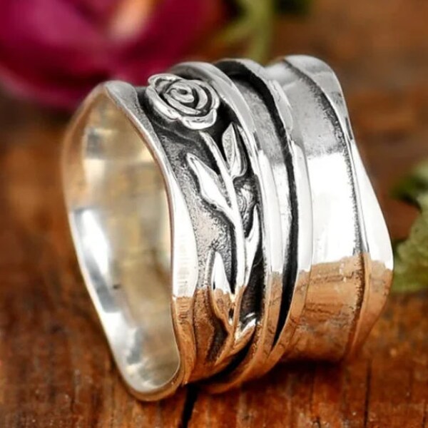 925 Sterling Silver Rose Ring, Spinner Ring, Sterling Silver Ring for Women, Flower Ring, Handmade Wide Band, Anxiety Worry Fidget jewelry