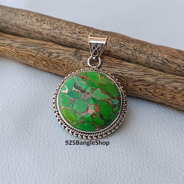 Handmade Green Copper Turquoise Pendant: 925 Sterling Silver Boho Jewelry