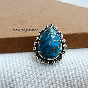 Blue Copper Turquoise Ring: 925 Sterling Silver Boho Ring
