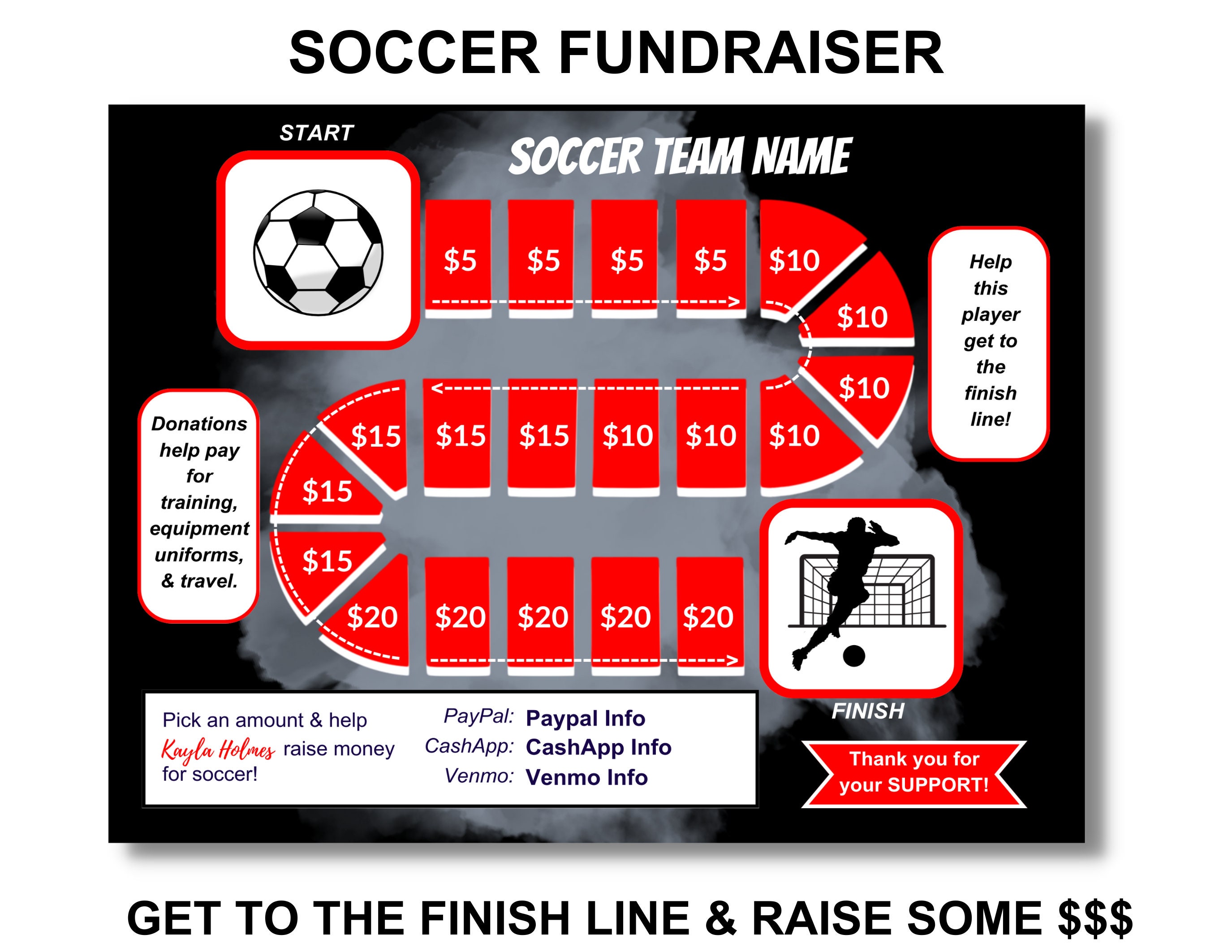 SOCCER FUNDRAISER Unique Fill in Fundraising Game Board Editable AAU