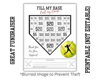 Fill My Base Softball Fundraiser | Printable 8.5&quot; x 11&quot; | Color-In Donation Spots | Instant Download | Fun Fundraising |Home Run | Donations