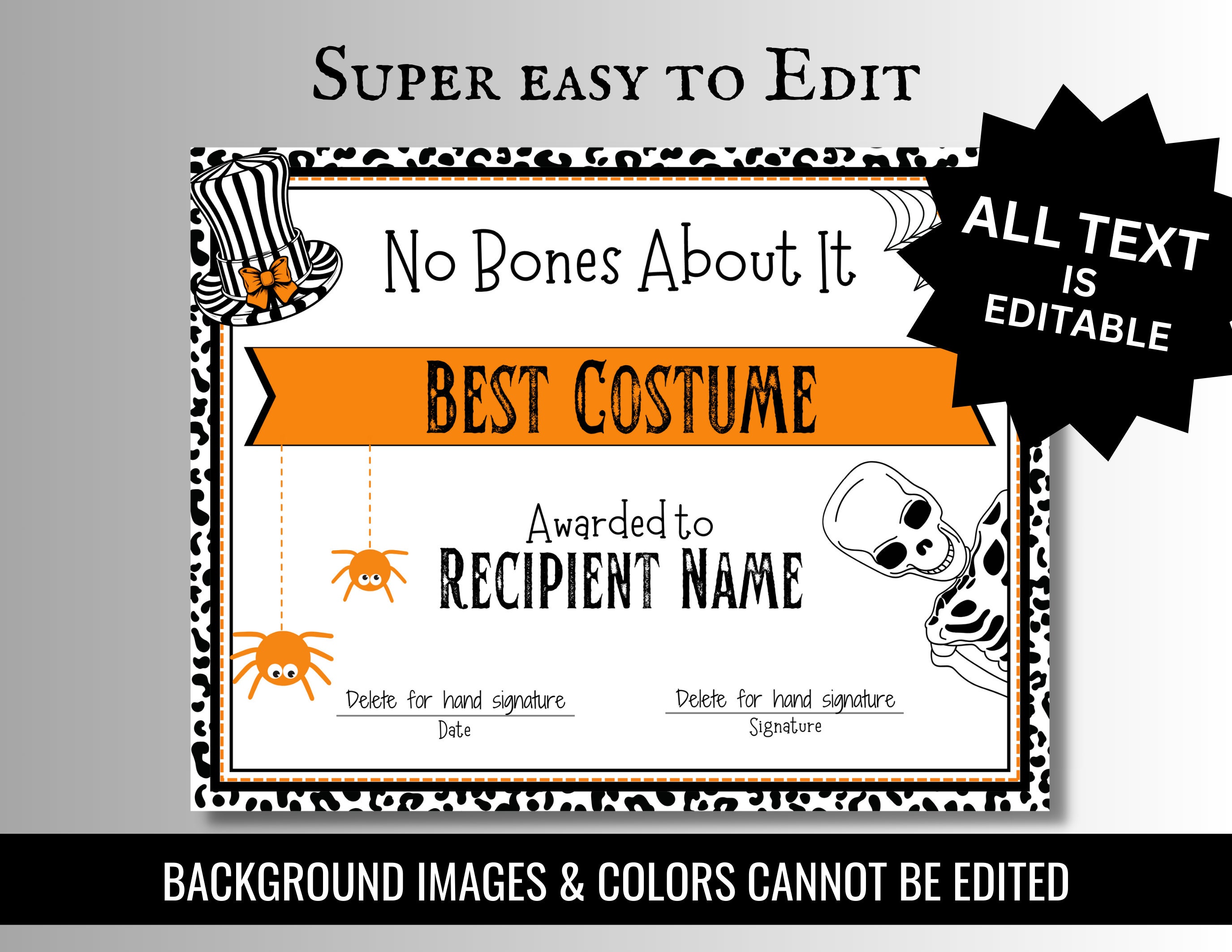 HALLOWEEN COSTUME AWARD Certificates Best Costume Scariest - Etsy